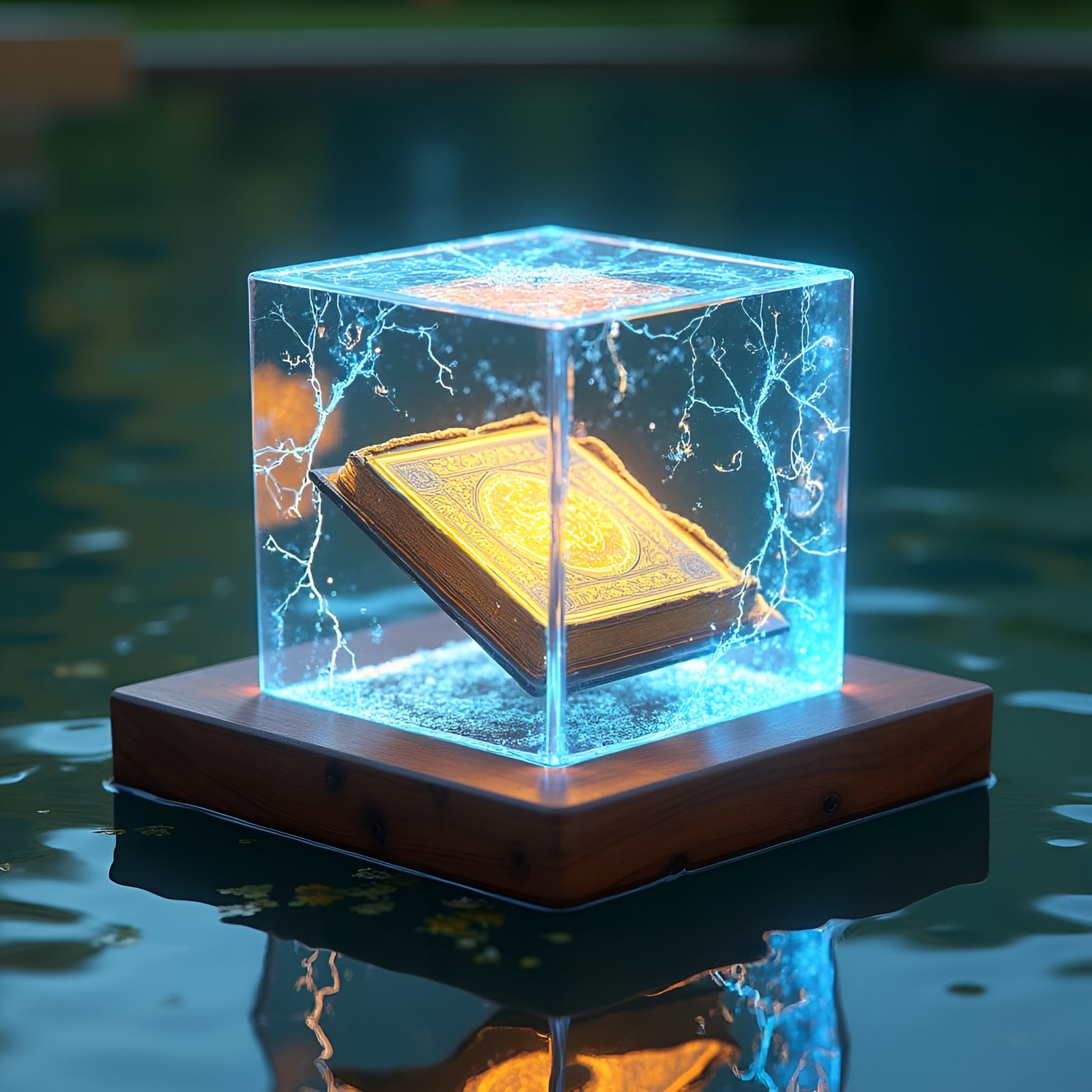 Quran in Acrylic Cube with Golden Light