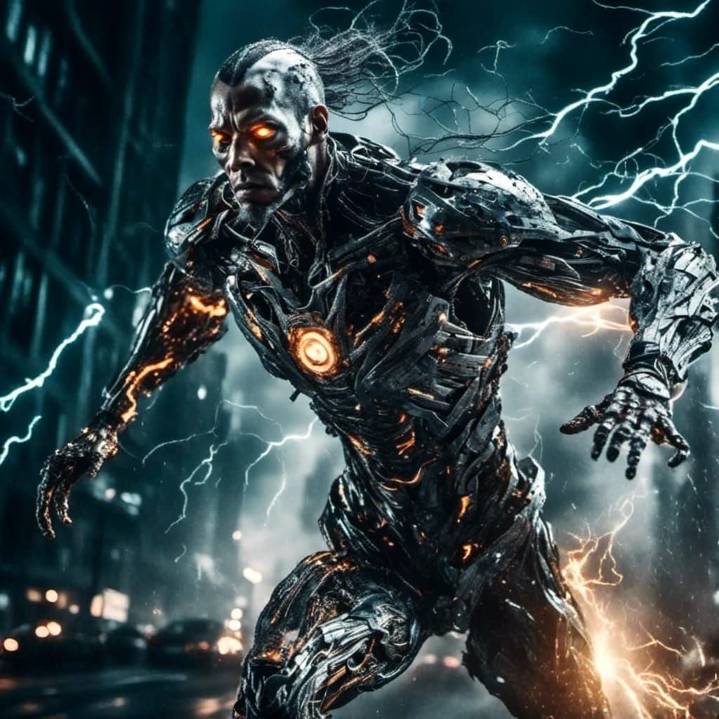Motion blur photography of menacing cyborg running