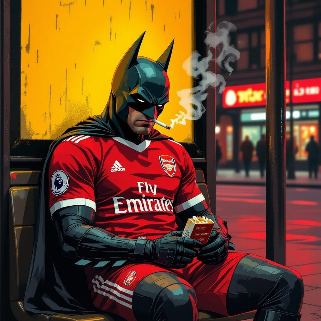Batman in Despair, Faded Arsenal Jersey, Red and Yellow Hues