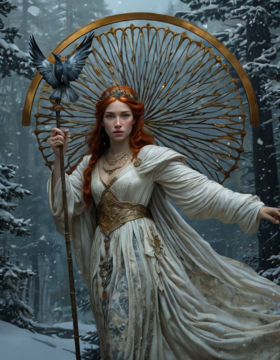 Redhead with Ravens in Snowy Landscape