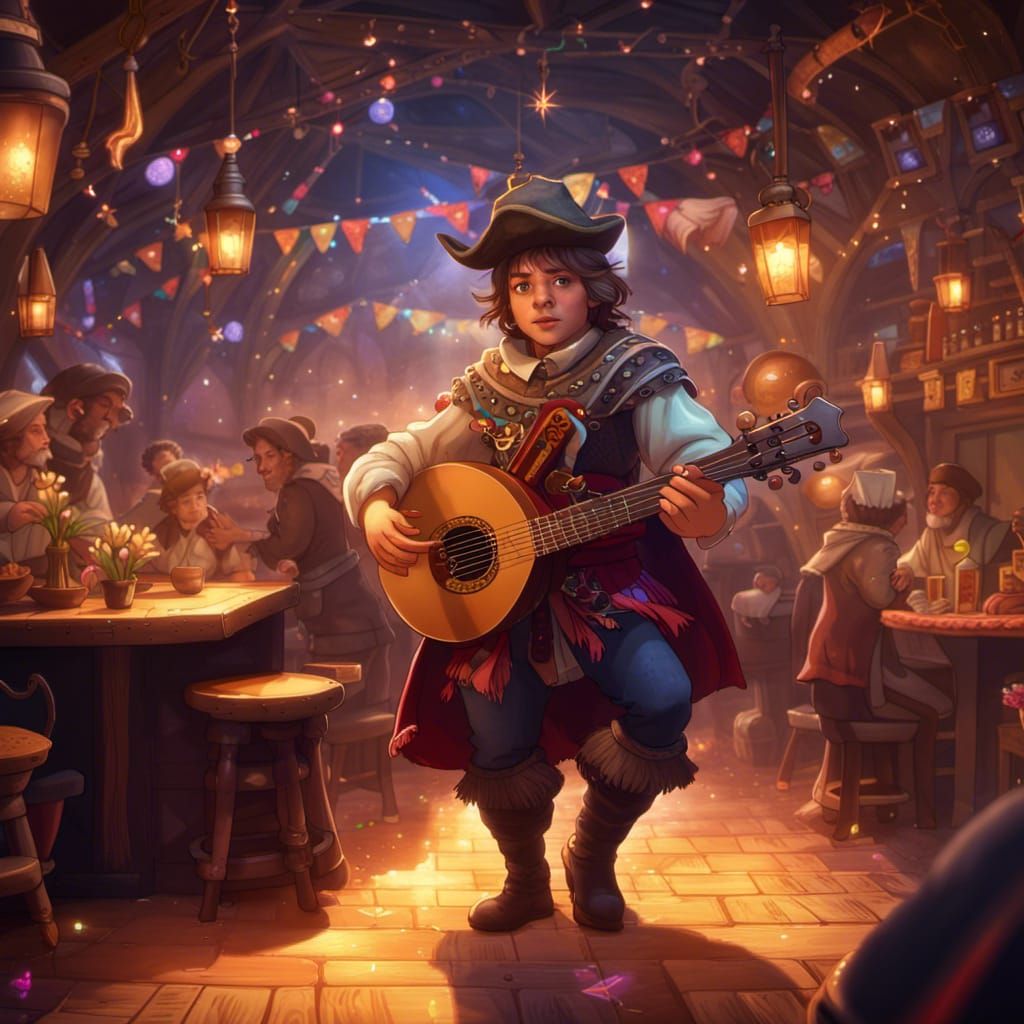 Dancing Halfling Bard in Tavern, Astral Illustration