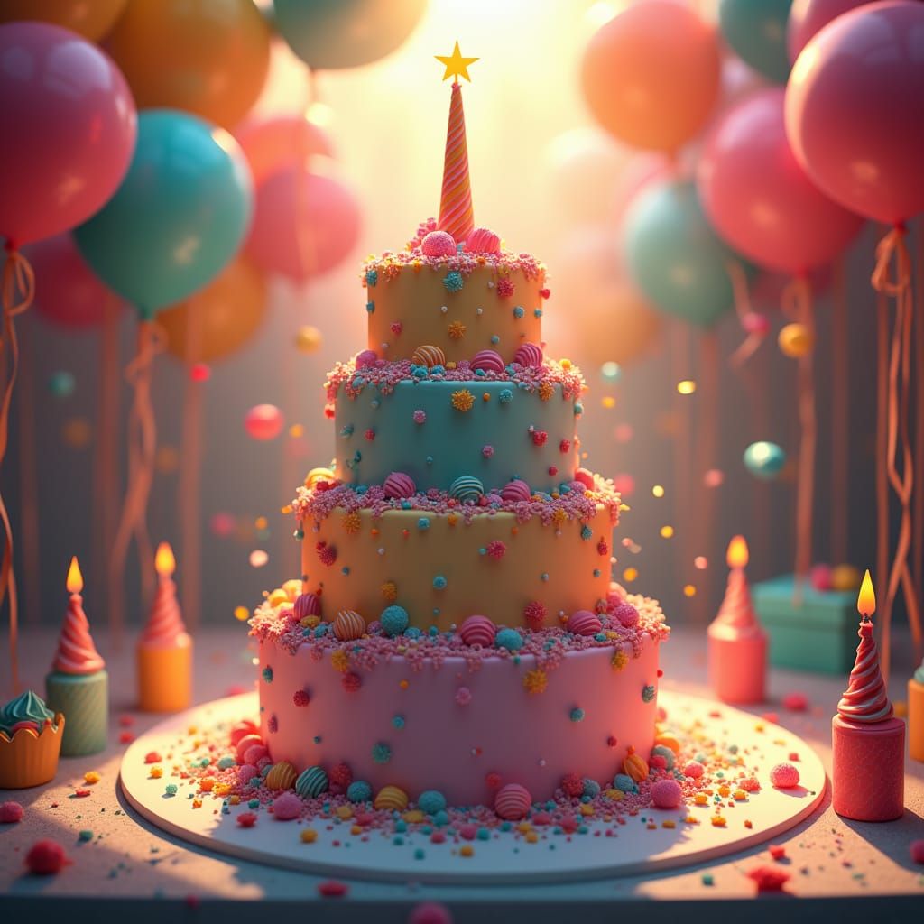 Colorful Party Cake in Detailed Matte Painting Style