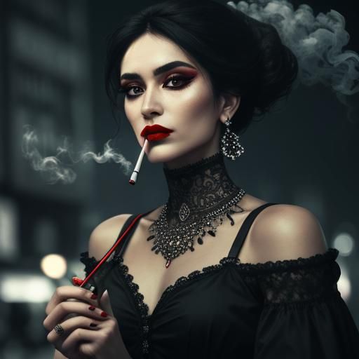 Hyperrealistic Woman Smoking in Busy Street