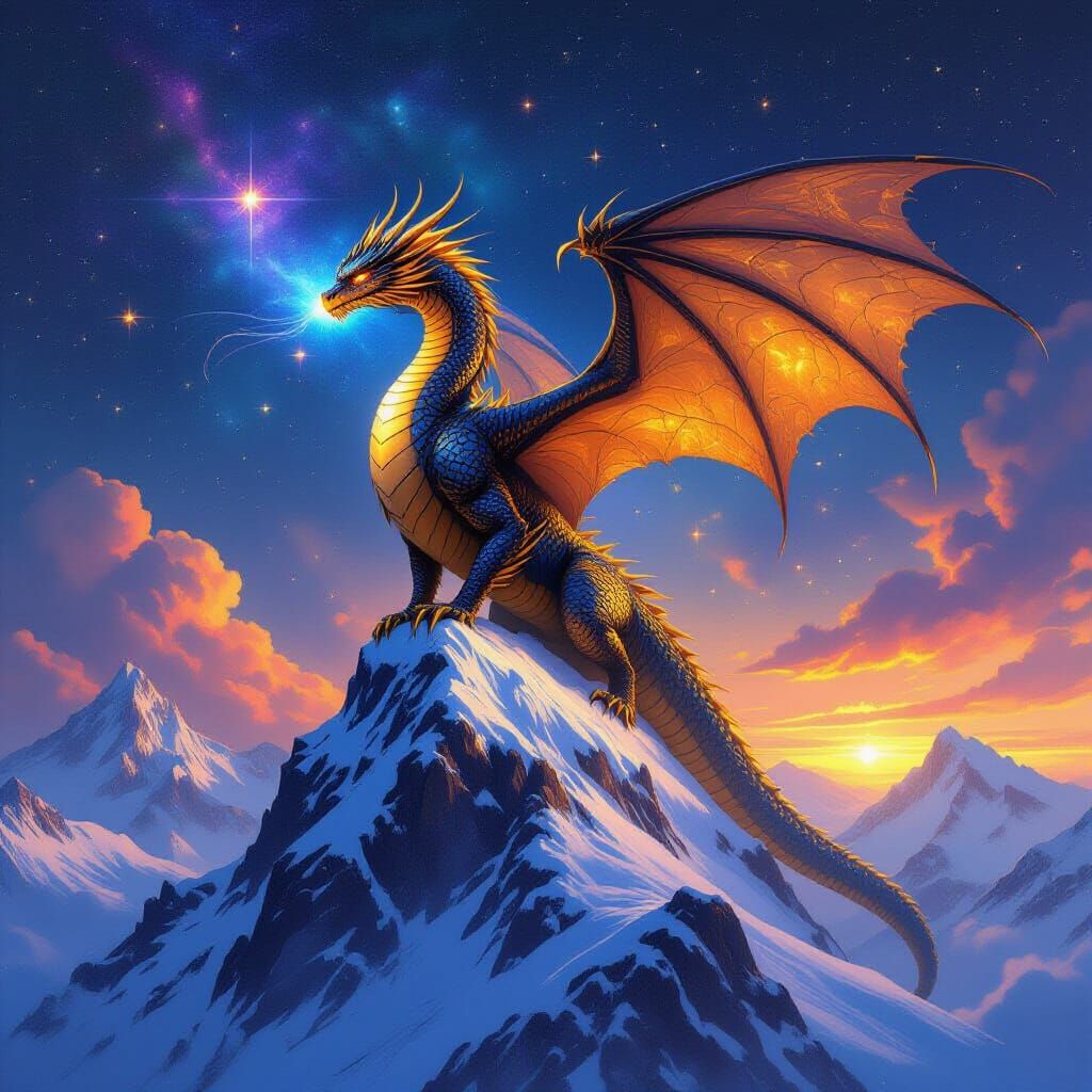 Majestic Dragon on Snowy Peak Surveys Starry Nebula