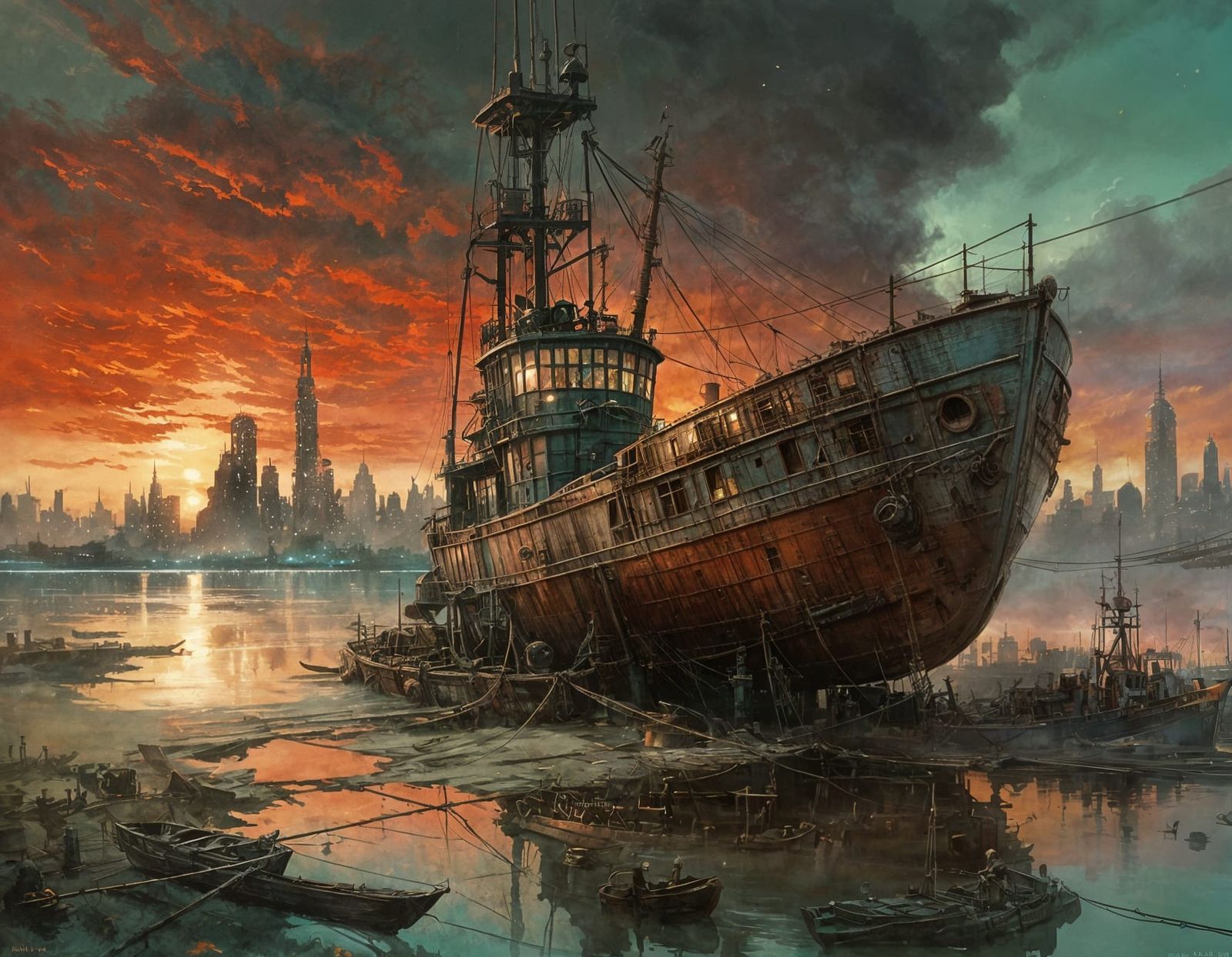 Steampunk Fishing Boat Under Twilight Nebula