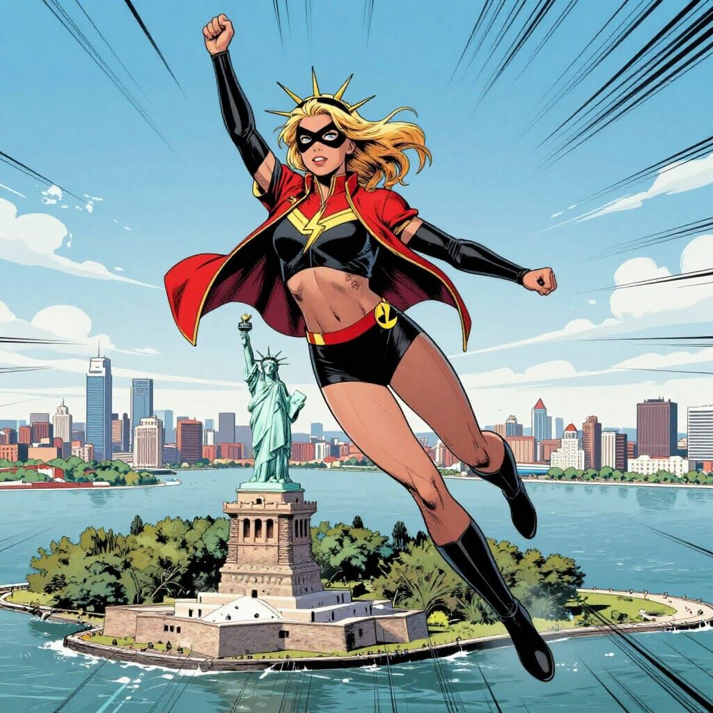 Ms Marvel Flying Over Statue of Liberty in Comic Style