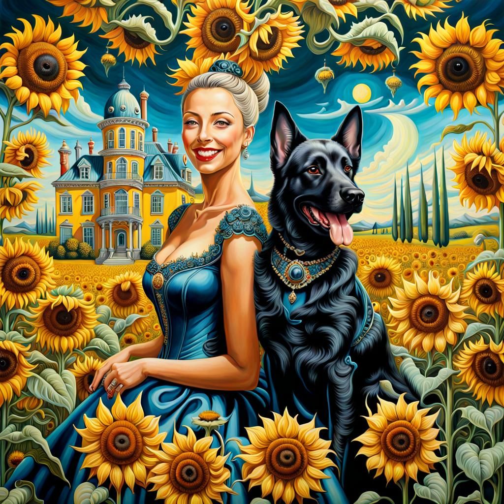Surreal Woman and Dog in Sunflower Field