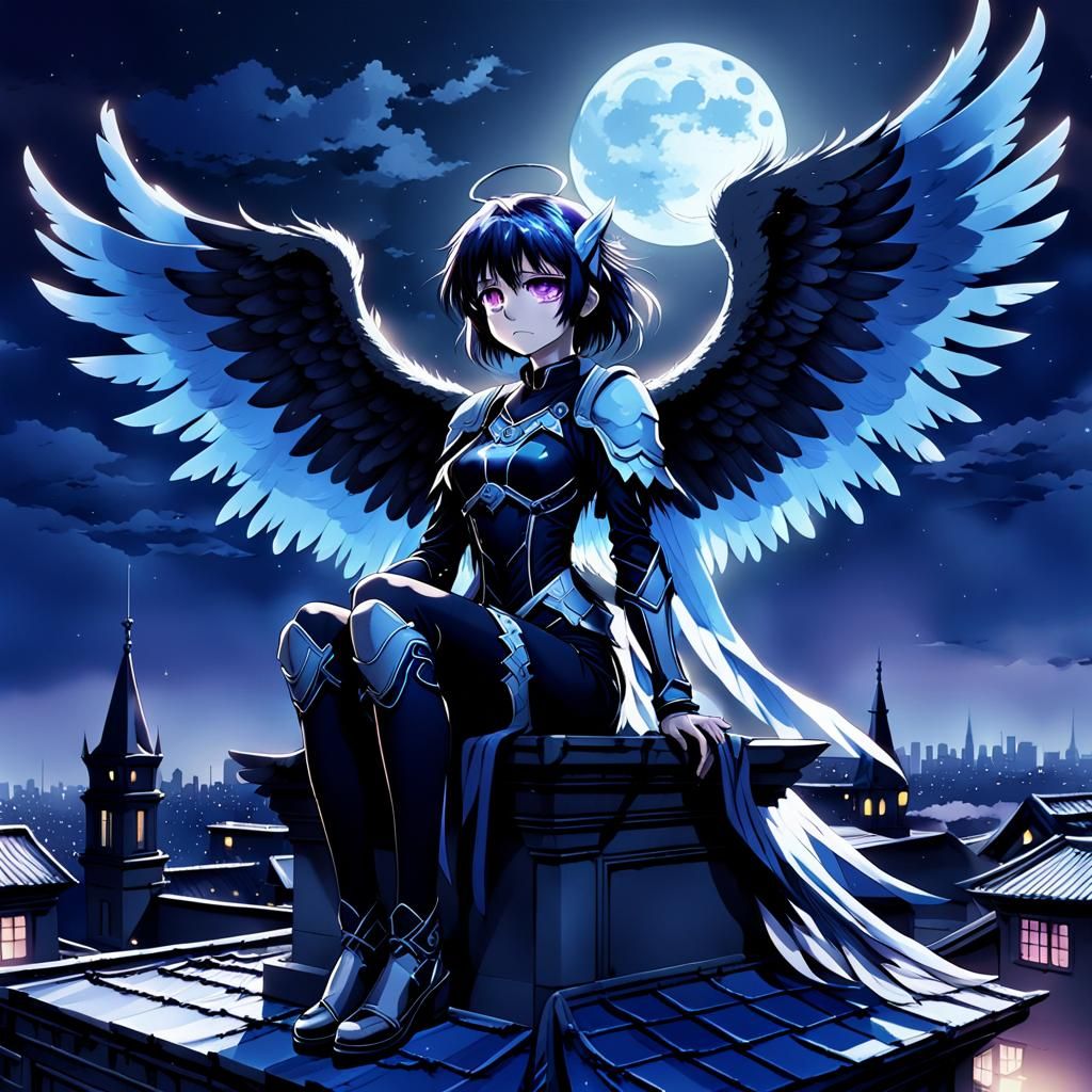 Dark Angel on Gothic Rooftop in Anime Style