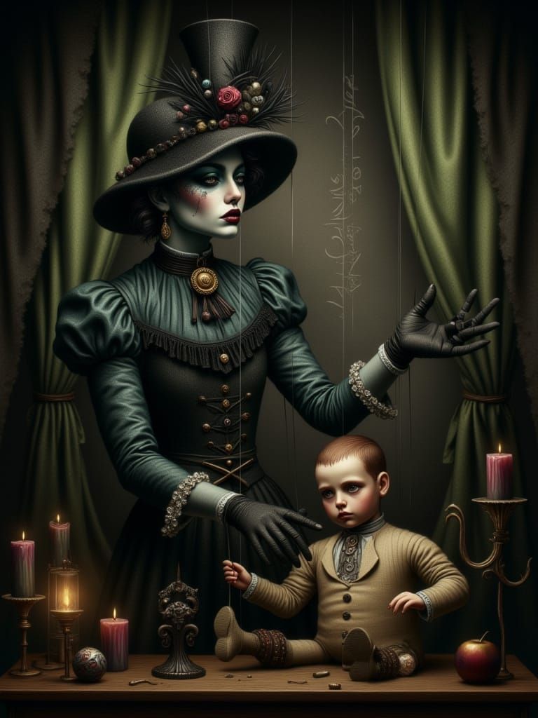 Eerie Puppeteer Oil Painting in Dark Victorian Style