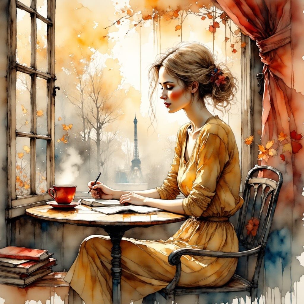 Woman Writes in Parisian Cafe with Warm, Whimsical Atmospher...
