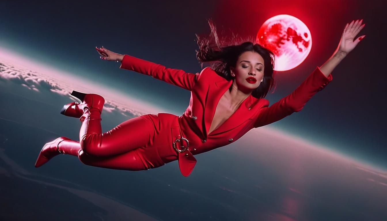 Woman in Red Suit Flying in Jet, Cinematic Style