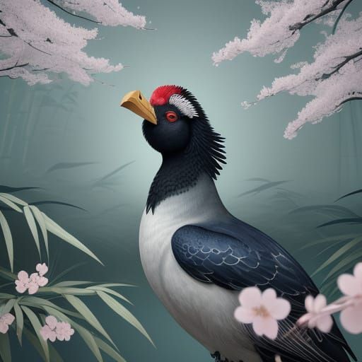 Samurai Dodo Bird Sword Fighting in Ukiyo-e Style