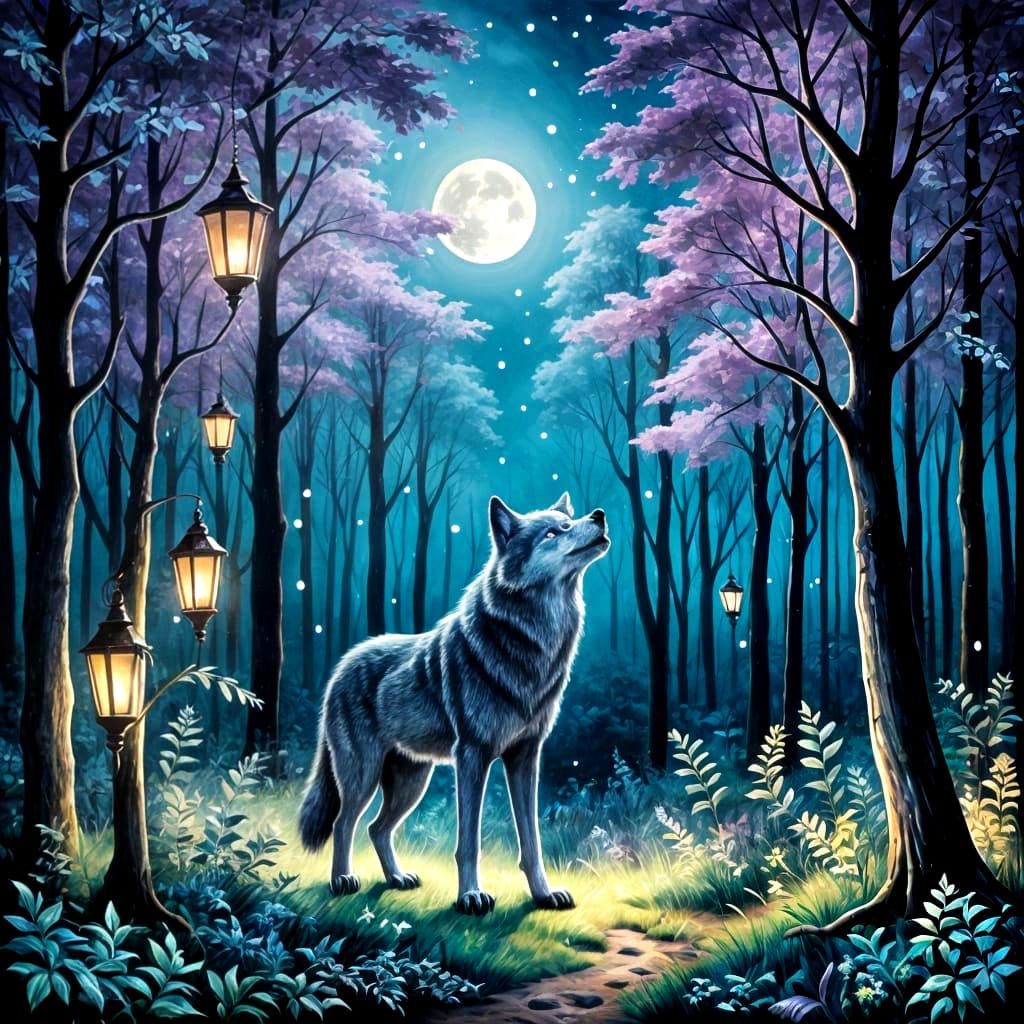 Wolf in Moonlit Grove with Lantern, Mystical Illustration