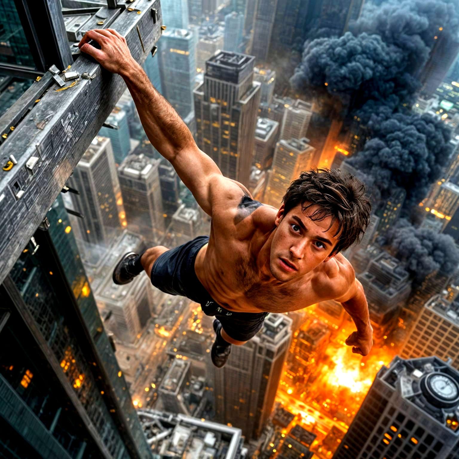 Athletic Man's Desperate Grip on Collapsing Skyscraper
