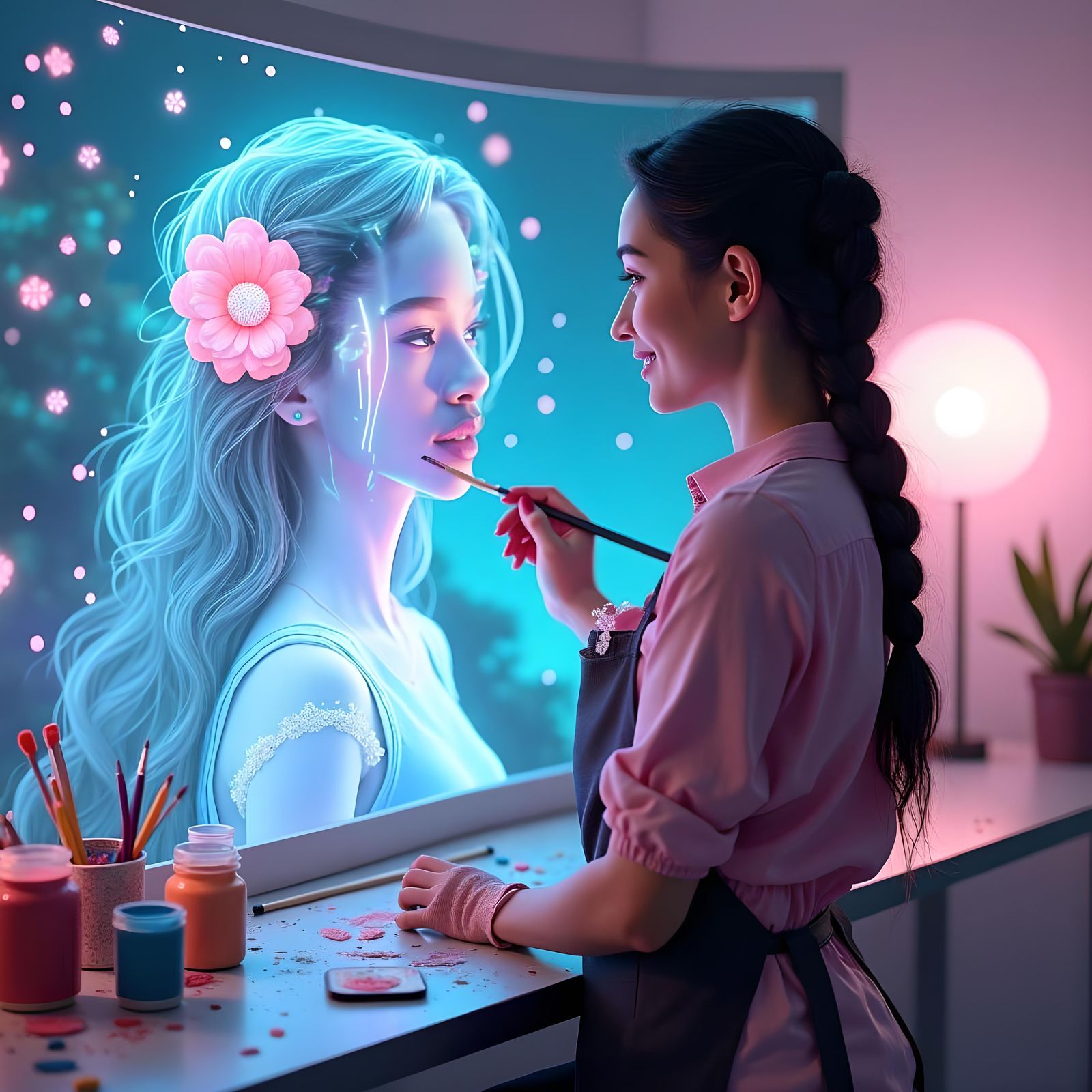 Woman Paints Hologram Selfie in Surreal Style
