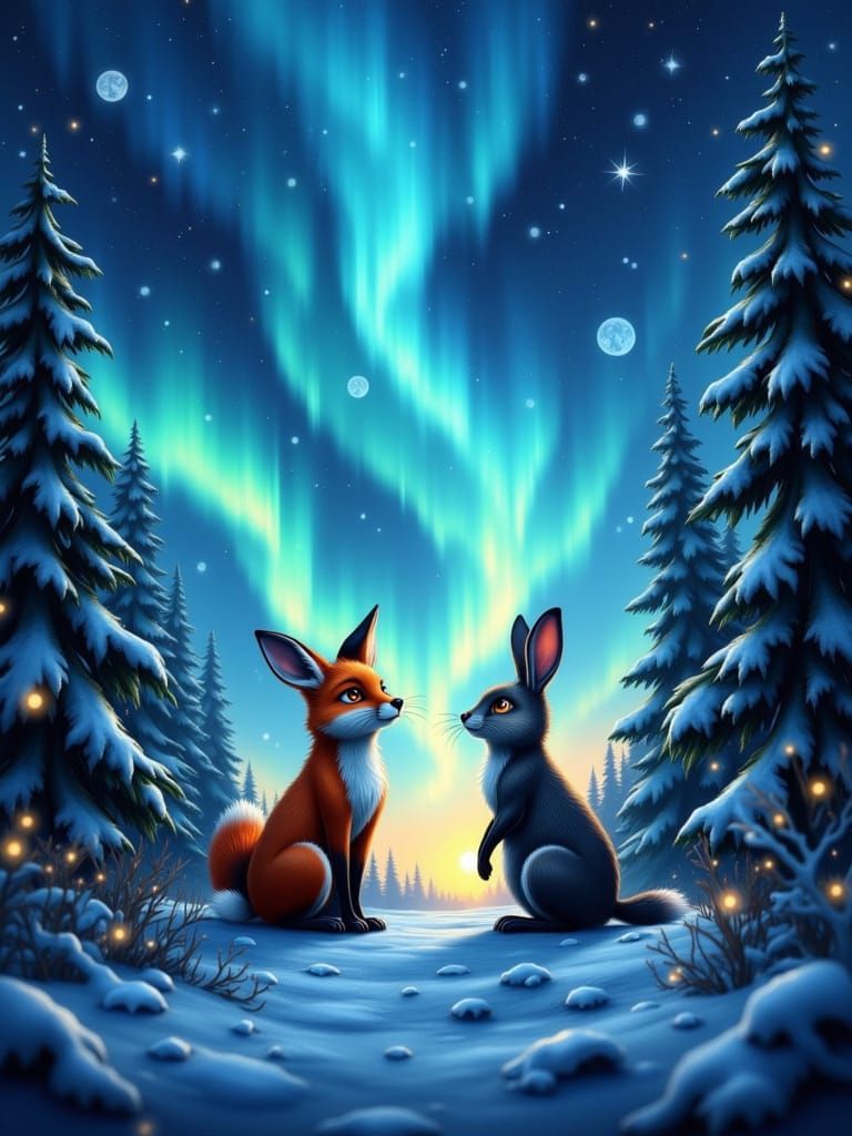 A scene of a fox and a rabbit, silhouetted against a vibrant...