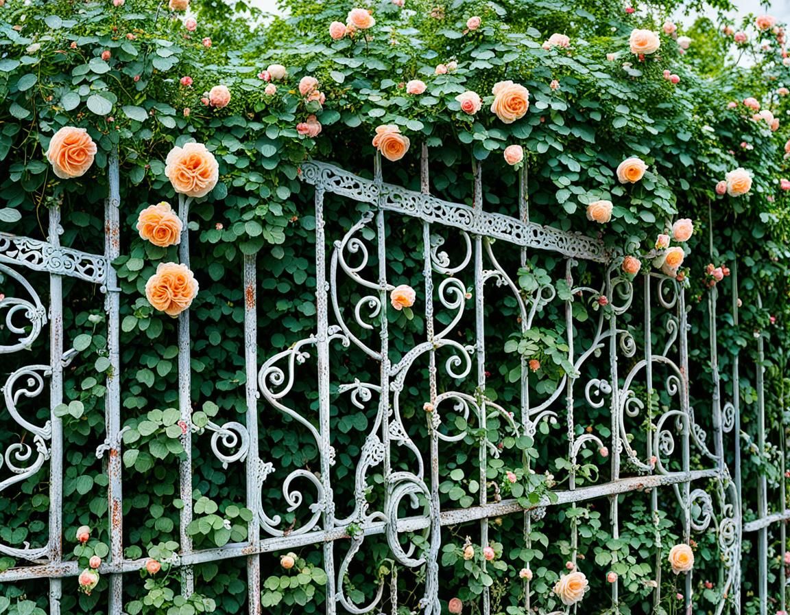 Ornate Rusty Fence with Climbing Rose: Hyperdetailed