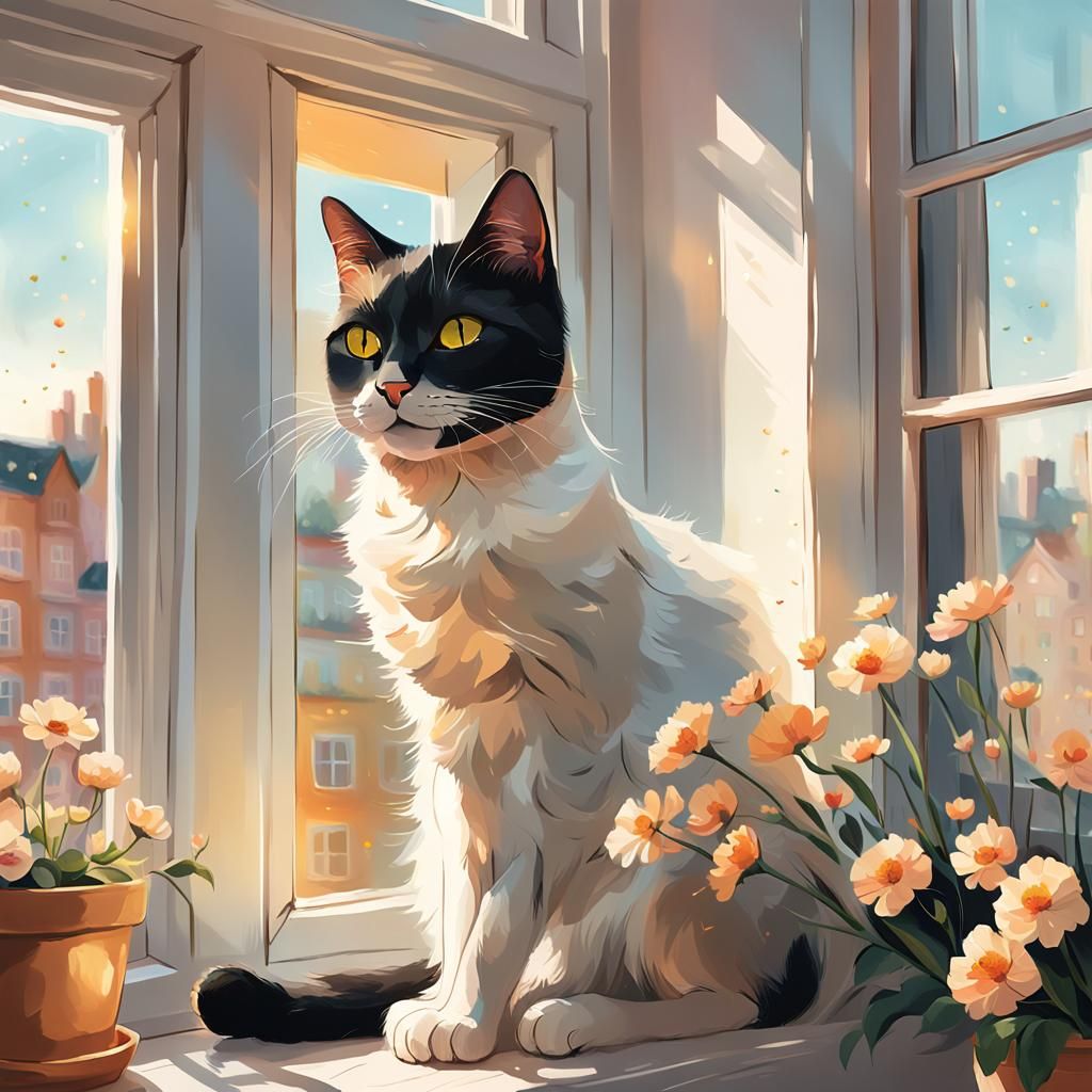 Smiling Black Cat Portrait in Whimsical Style