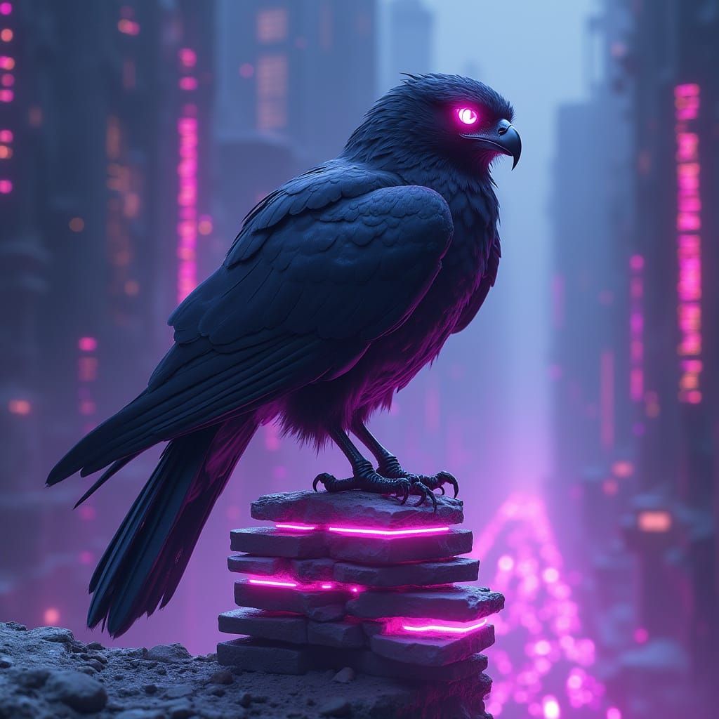 Armored Hawk Perched in Futuristic Matrix World