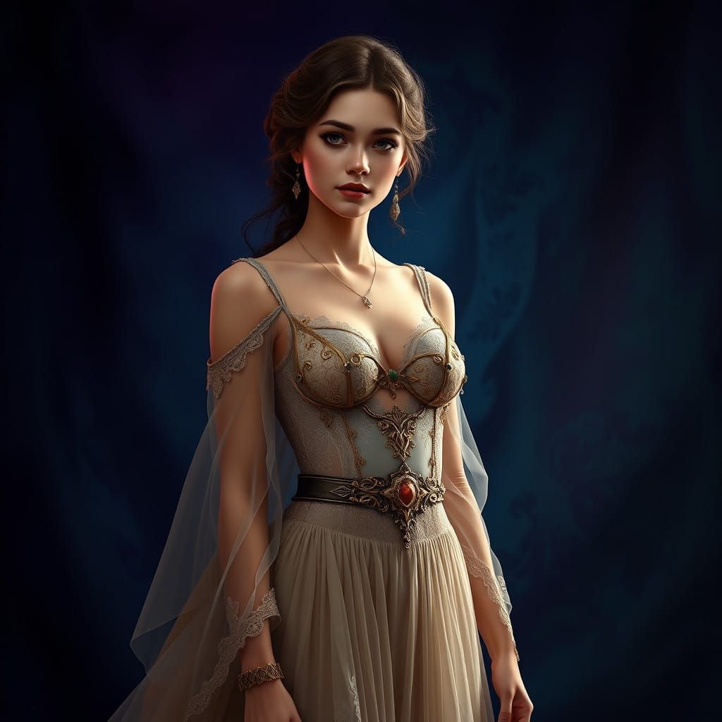 Elegant Woman Wears Ornate Chastity Device in Dreamlike Land...