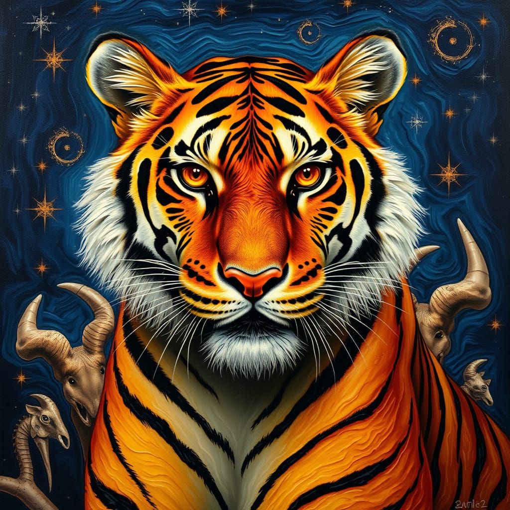 Surrealistic Tiger Portrait in Wax Pour Effect with Expressi...