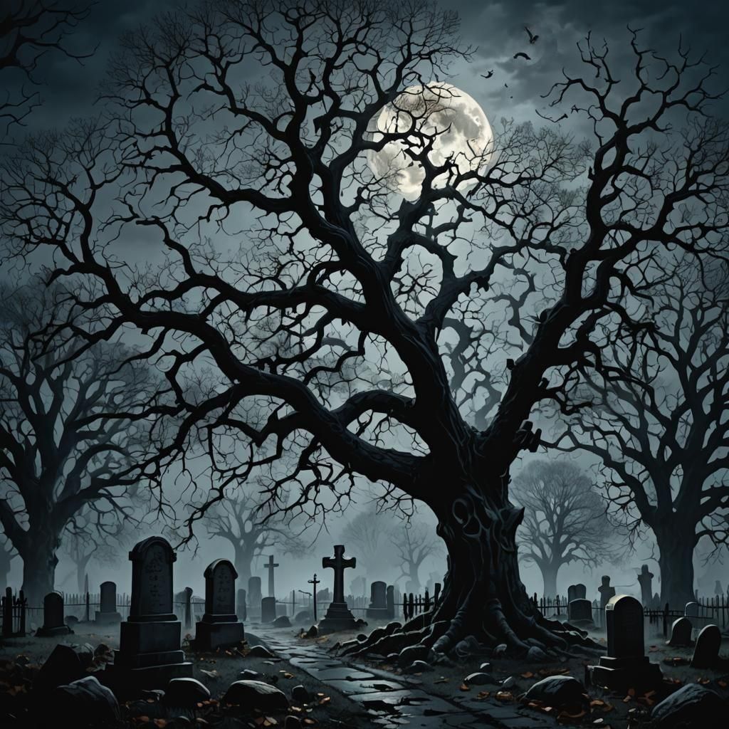 Sinister Graveyard Scene with Skeletons and Giant Moon