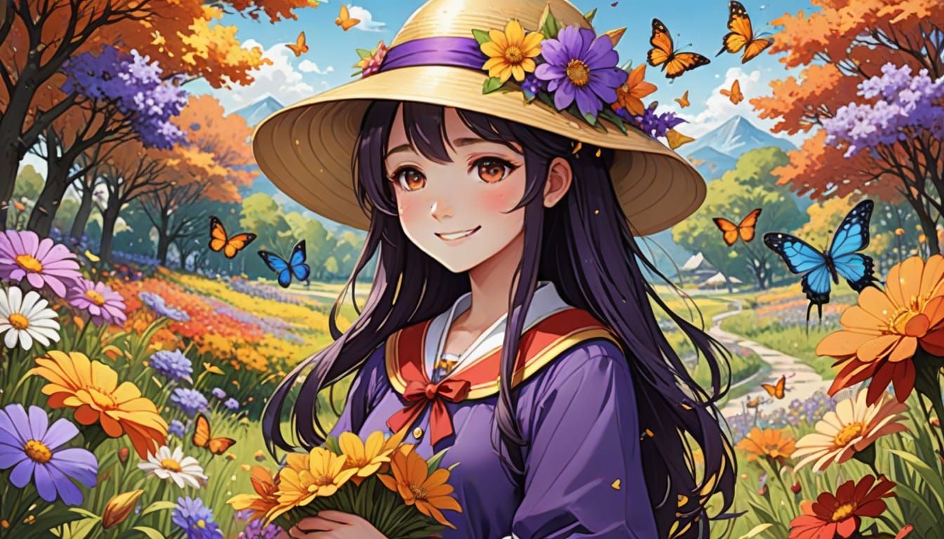 Anime Princess in Beautiful Hat Amongst Flowers and Butterfl...