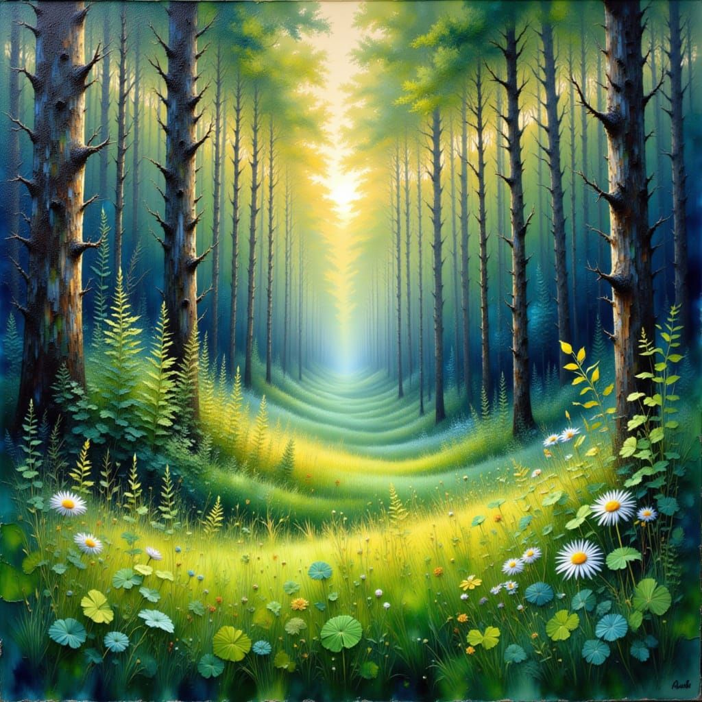 Enchanting Forest Sunset with Sea-Green Grass in Impressioni...