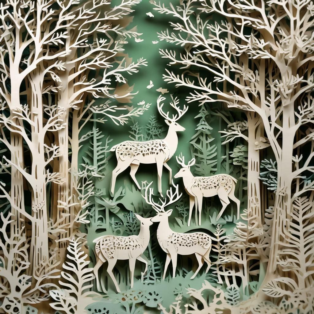 Kirigami Forest Scene with Deer and Butterflies