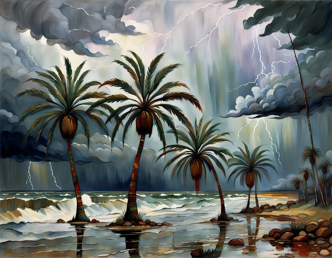Palm Trees in Storm: Art Nouveau Illustration