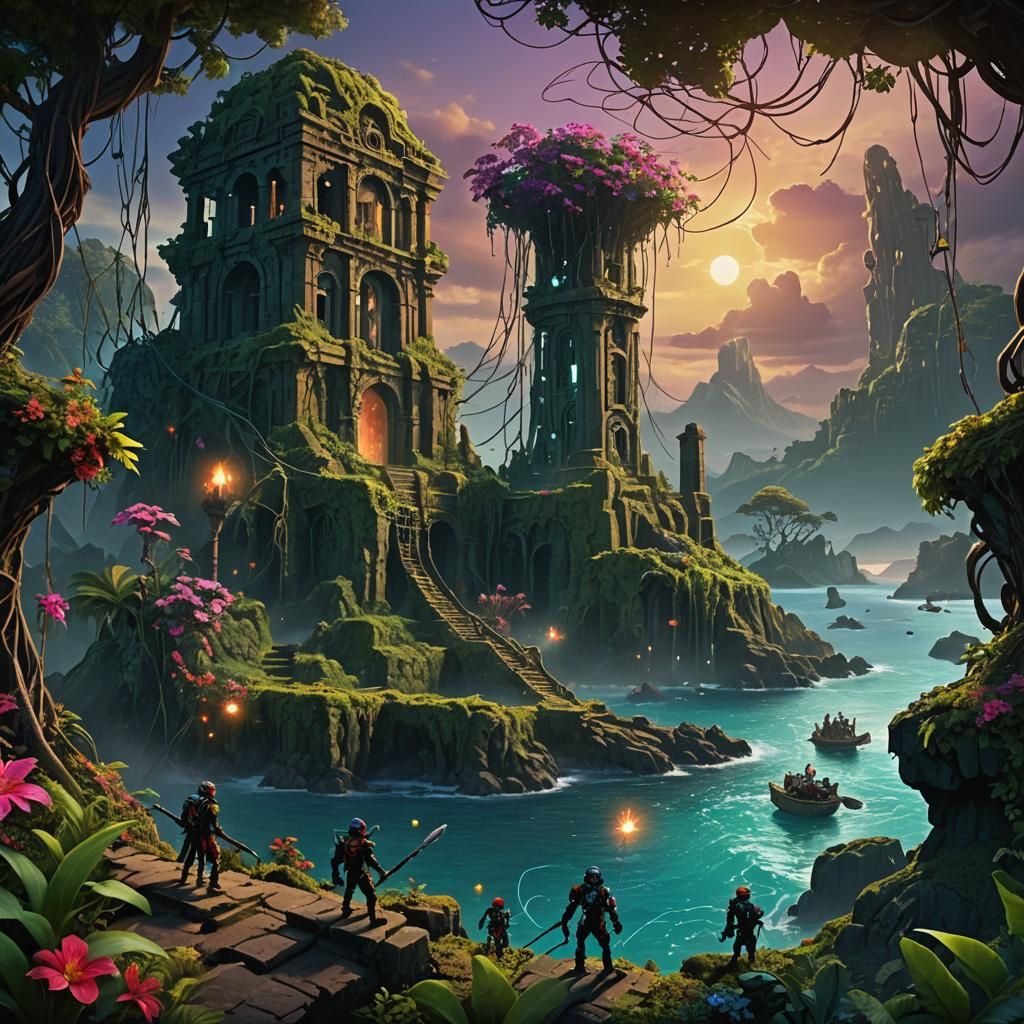 Lush Island Net Trap with Ancient Ruins