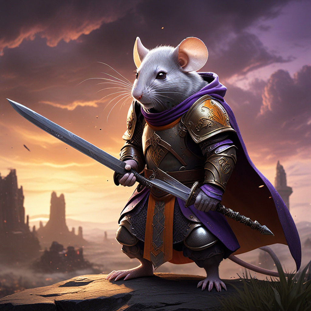 Fantasy Mouse Wields Sword in Vast Landscape