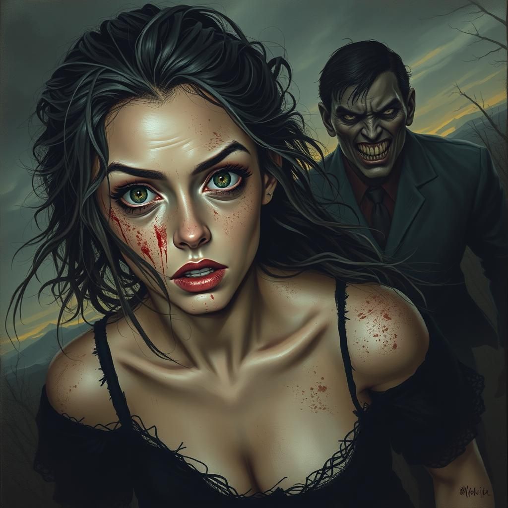 Terrified Woman Running in Eerie Landscape