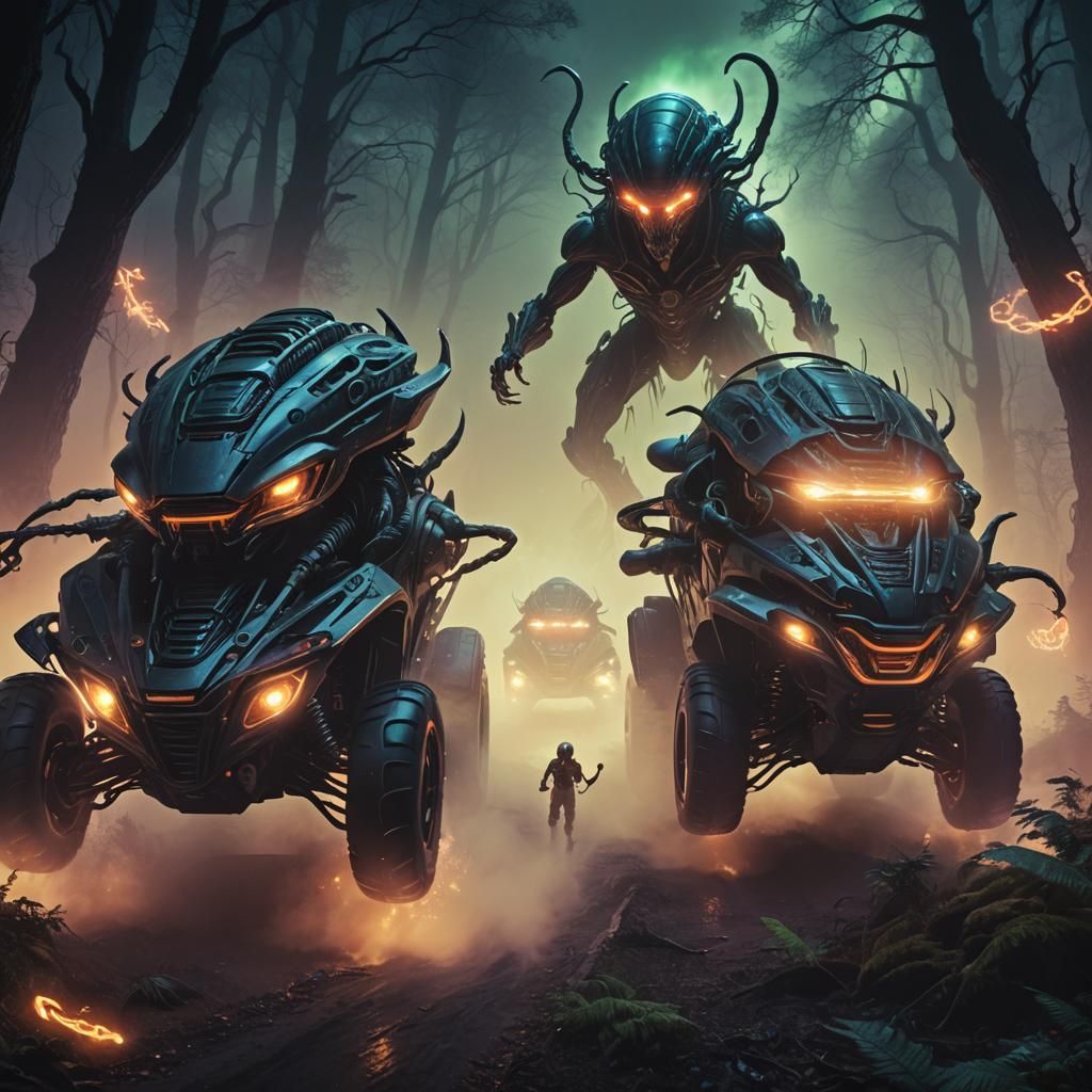 Neon Aliens Race Through Dark Fantasy Forest