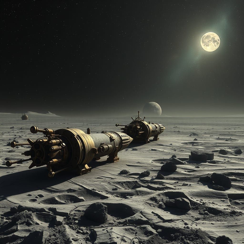 Steampunk Rockets on Dusty Moon Landscape