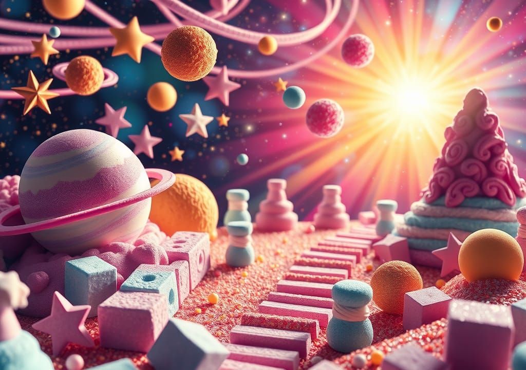 Colorful Marshmallowpunk Cosmic Wonderland with Golden Glitt...