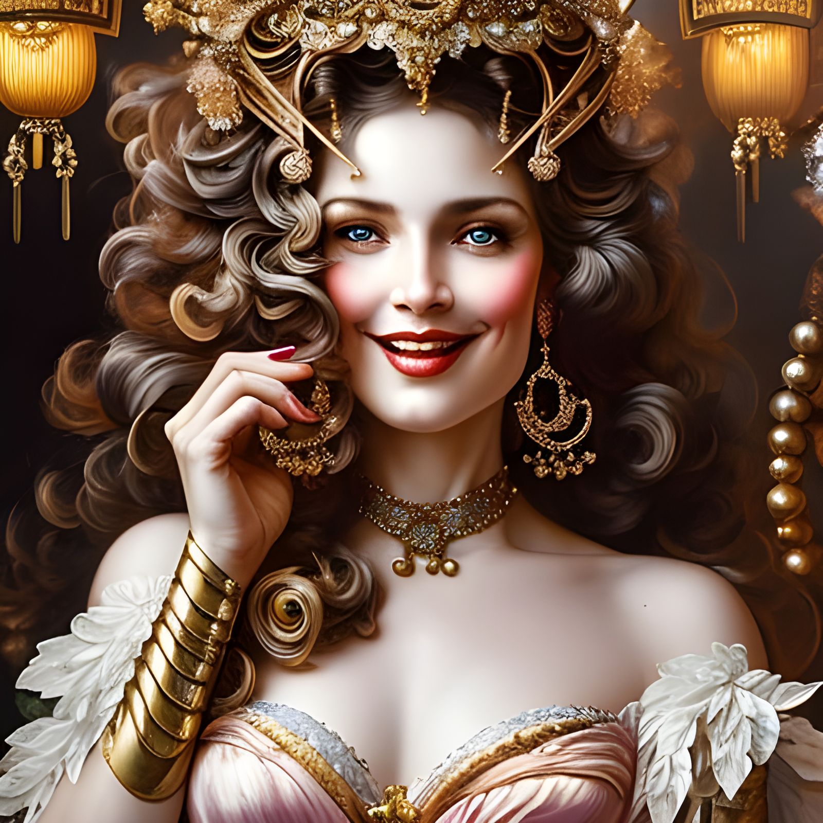 Happy Woman in Café: Rococo Hyperdetailed Close-up