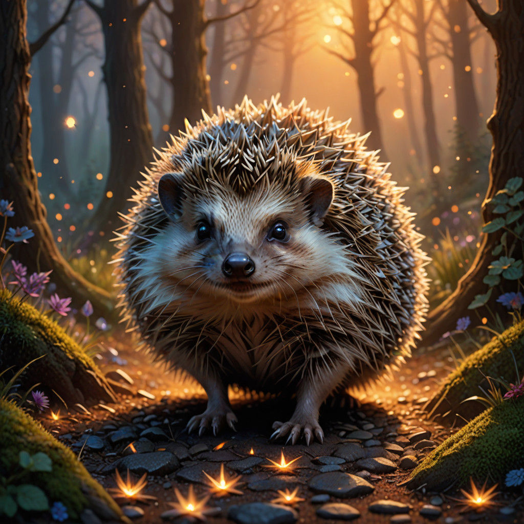 Ethereal Fantasy: Heroic Hedgehog in Whimsical Forest