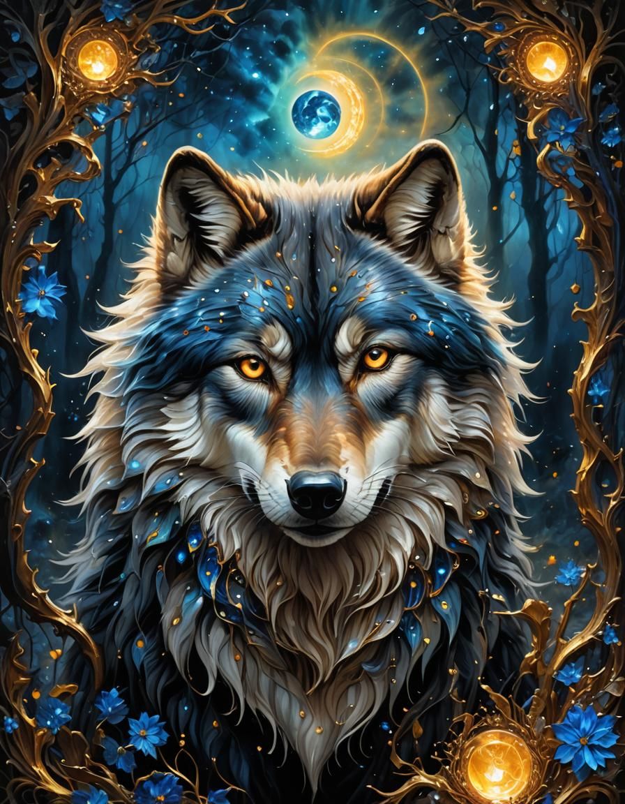 Mystic Wolf with Broken Glass in Detailed Matte Painting