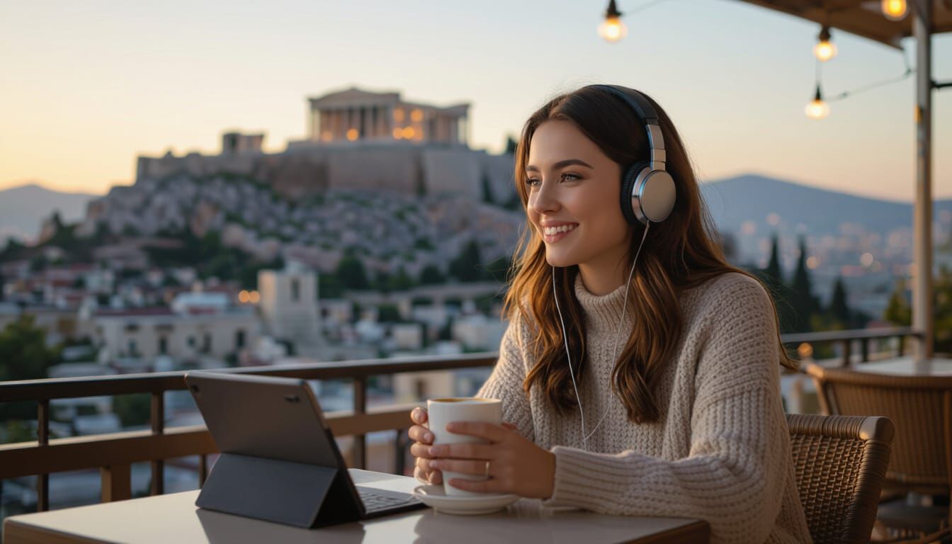 Woman Enjoys Coffee in Athens Cafe with Acropolis View