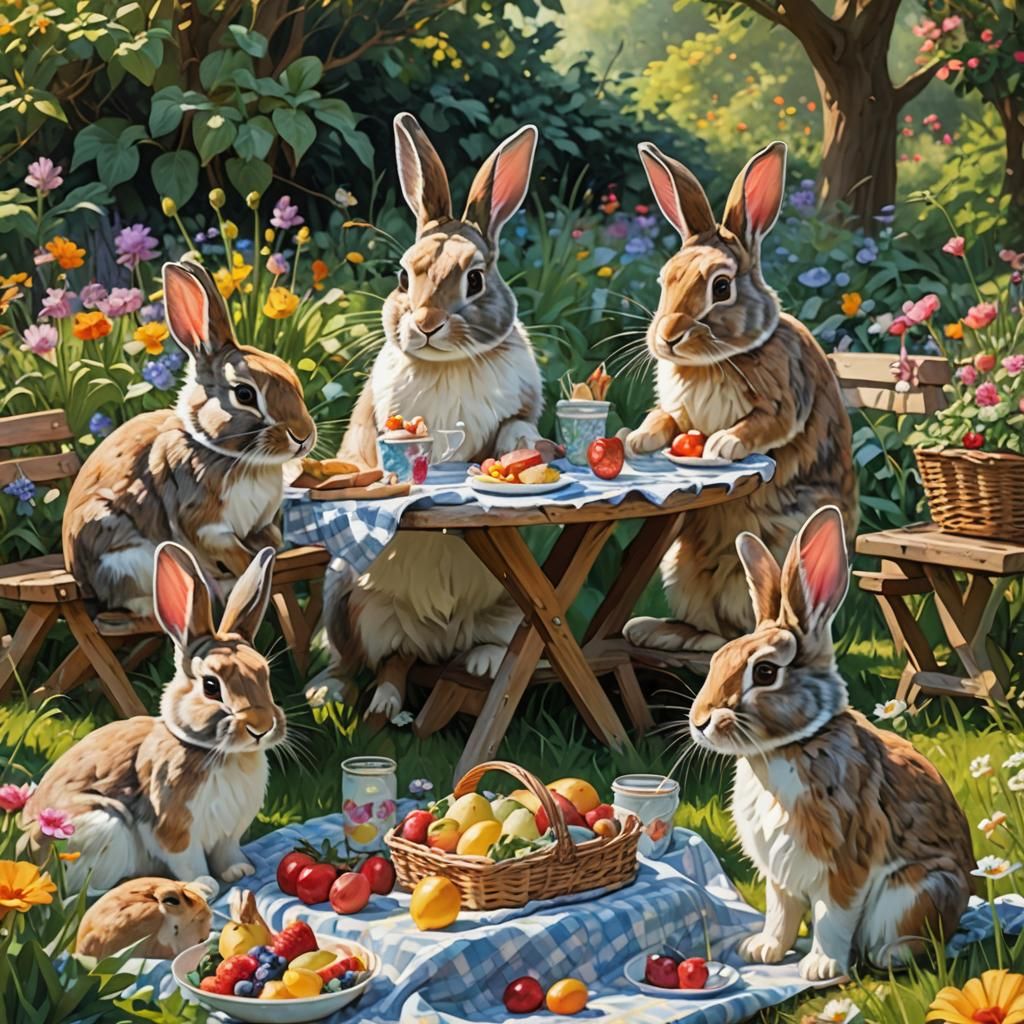 Bunnies' Garden Picnic in Impressionistic Style
