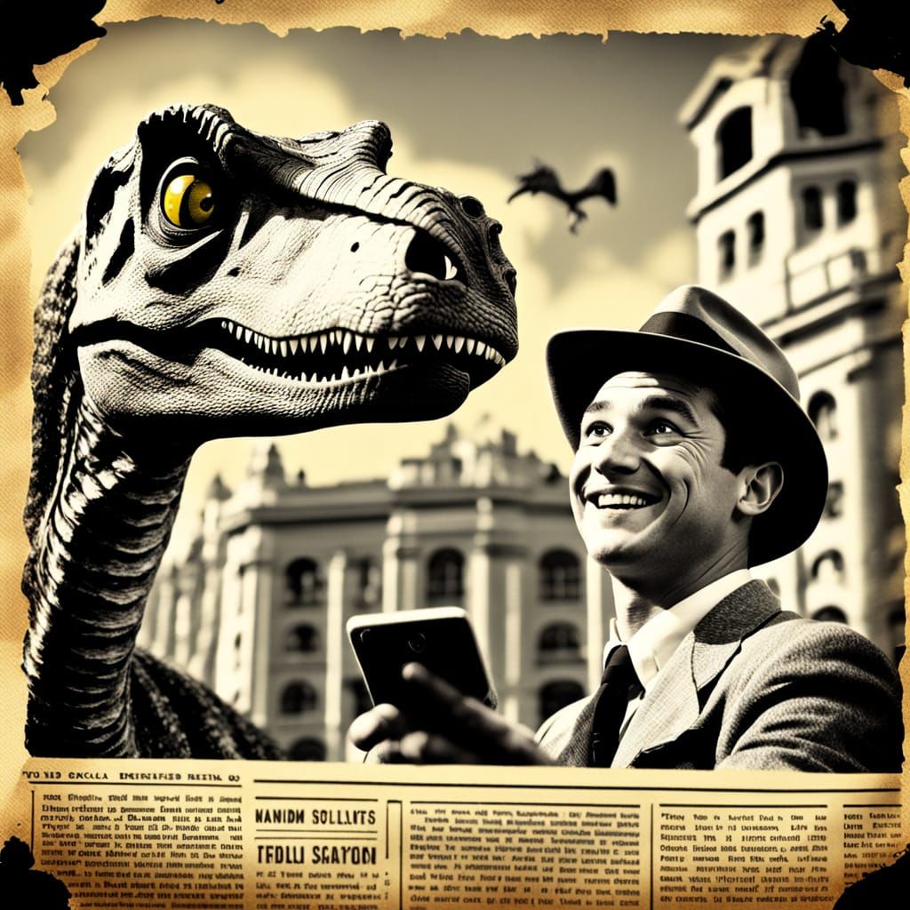 Time Traveler Selfie with Dinosaur in Grayscale Photo