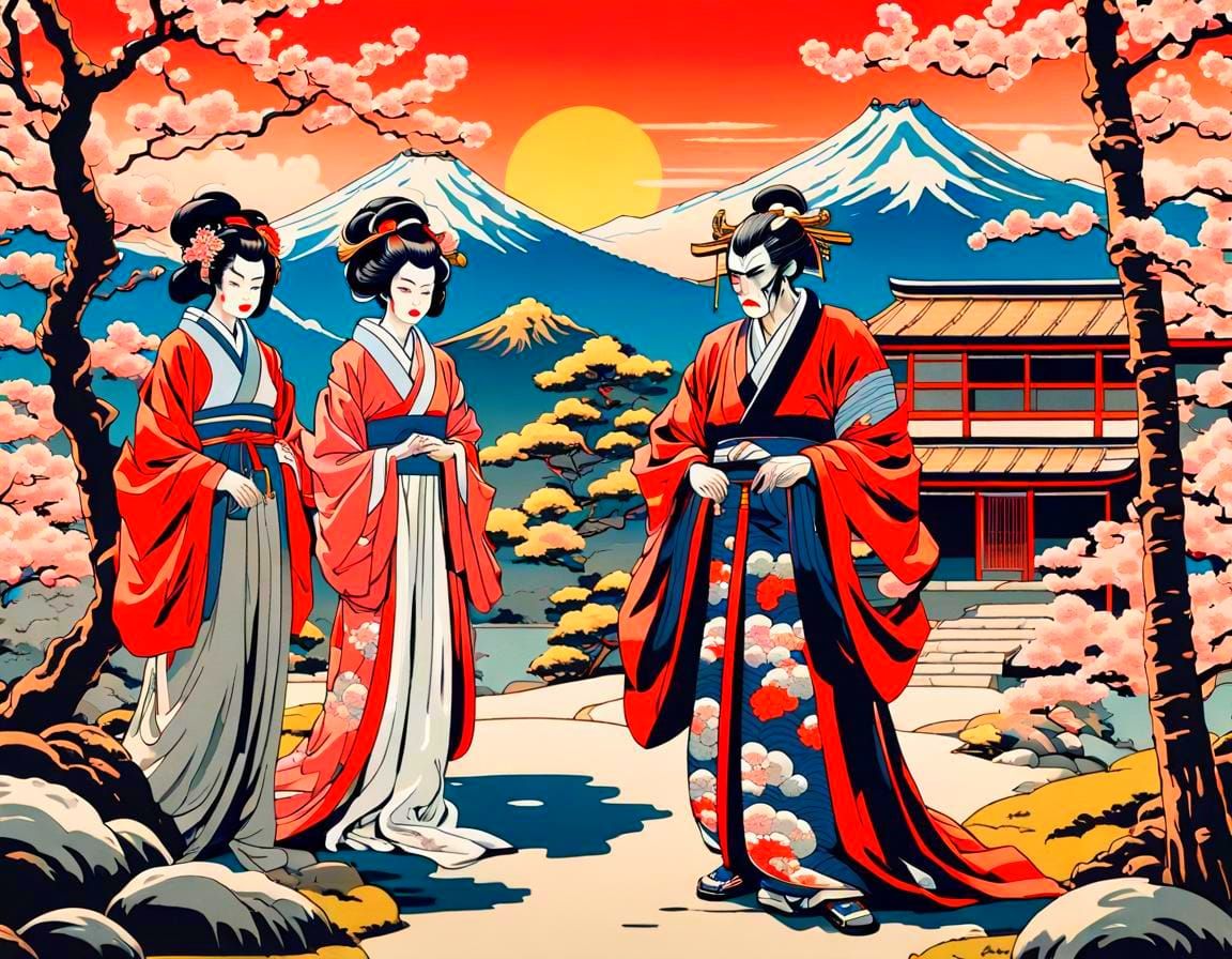 Ukiyo-e Painting of Japanese Figures and Scenery