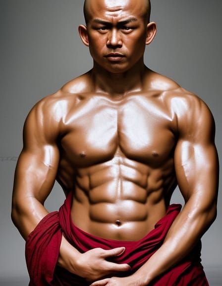 Detailed Oil Painting: Muscular Buddhist Monk Portrait