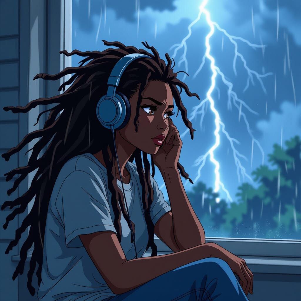 Woman in Thunderstorm Anime Style