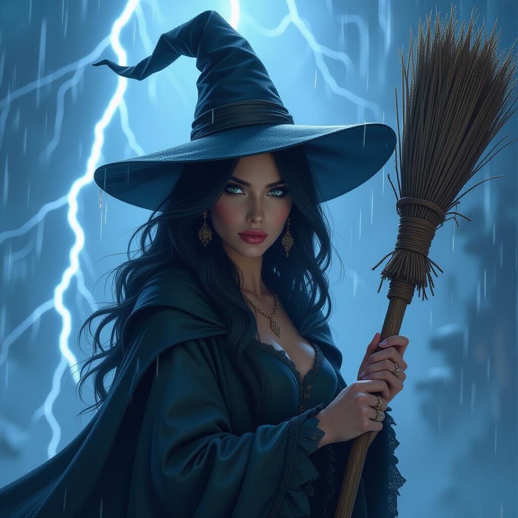 Witch Portrait with Ancient Broomstick in Stormy Lighting