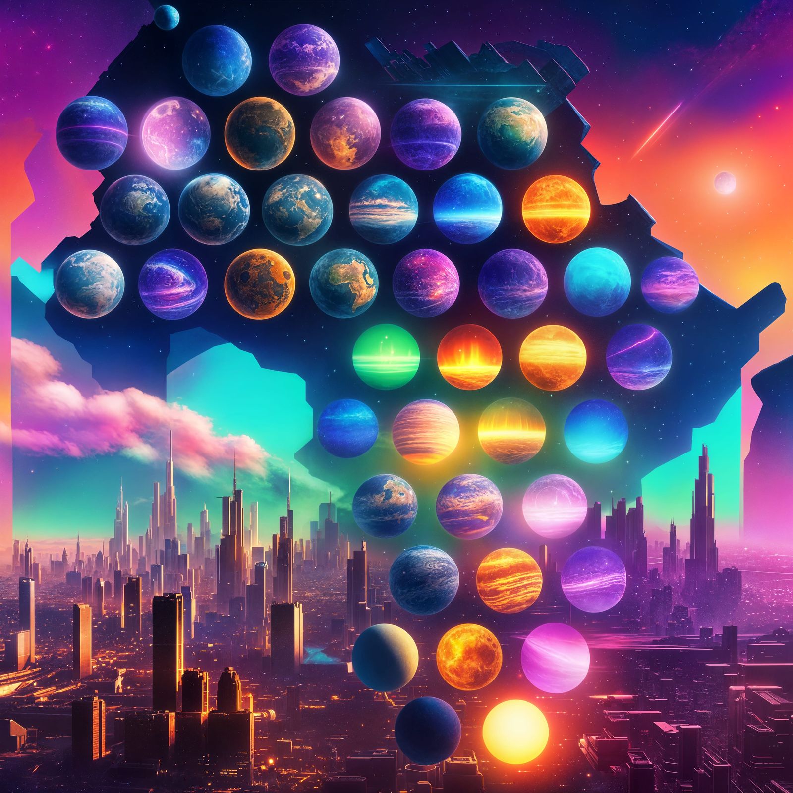 Futuristic Cityscape in Space: Vibrant Sci-Fi Art