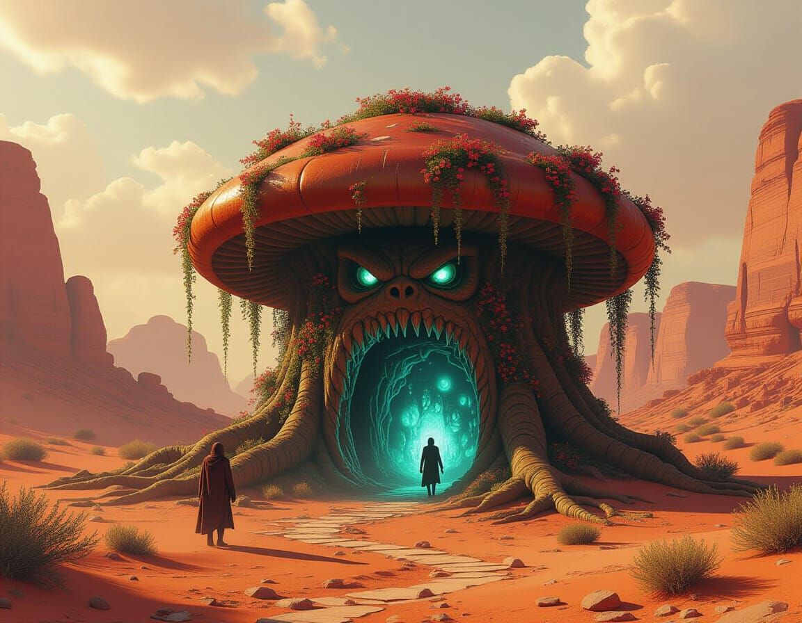 Ominous Toadstool-Human Hive in Digital Matte Painting Style
