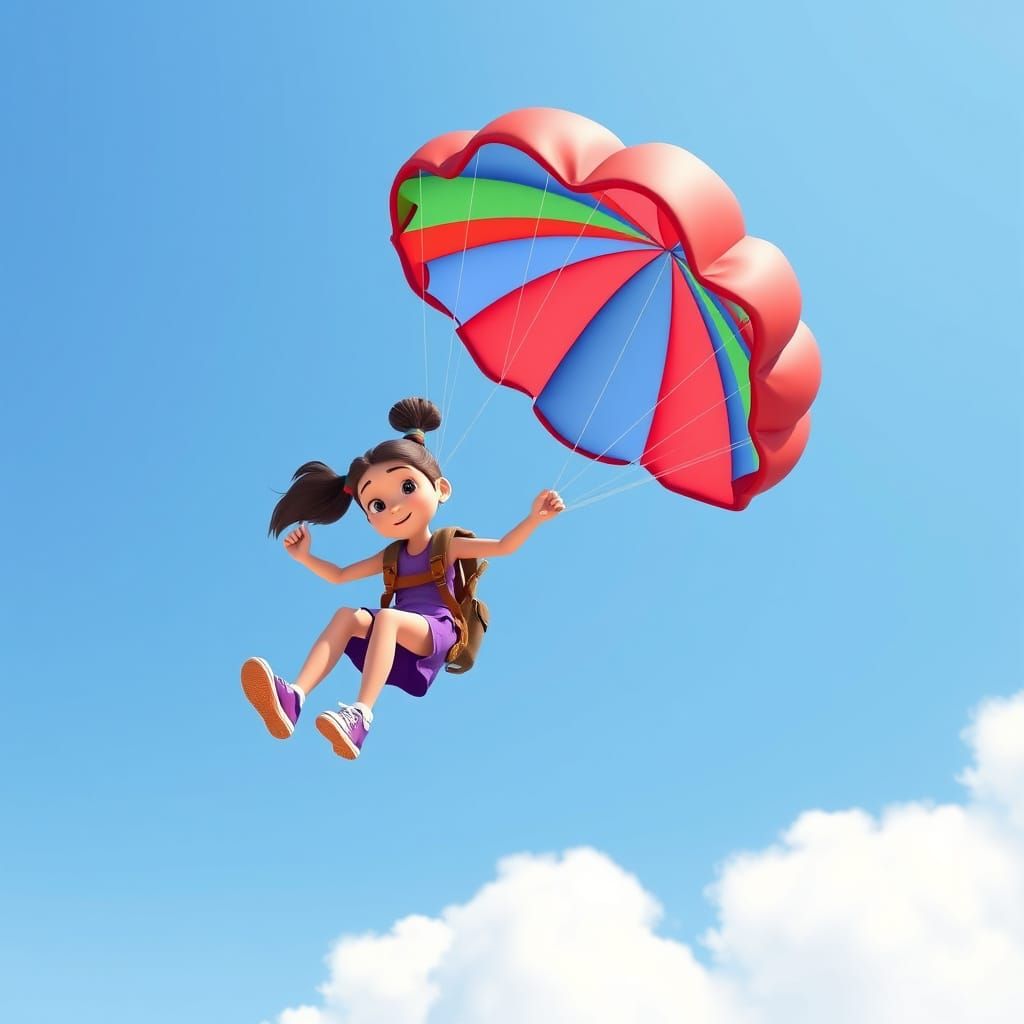 Girl with Striped Parachute in Vibrant 3D Style
