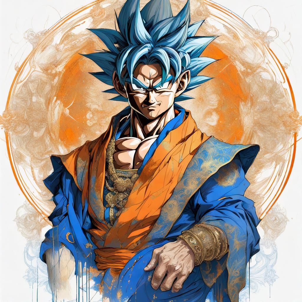 Opulent Royal Goku in Regal Duster: Digital Art